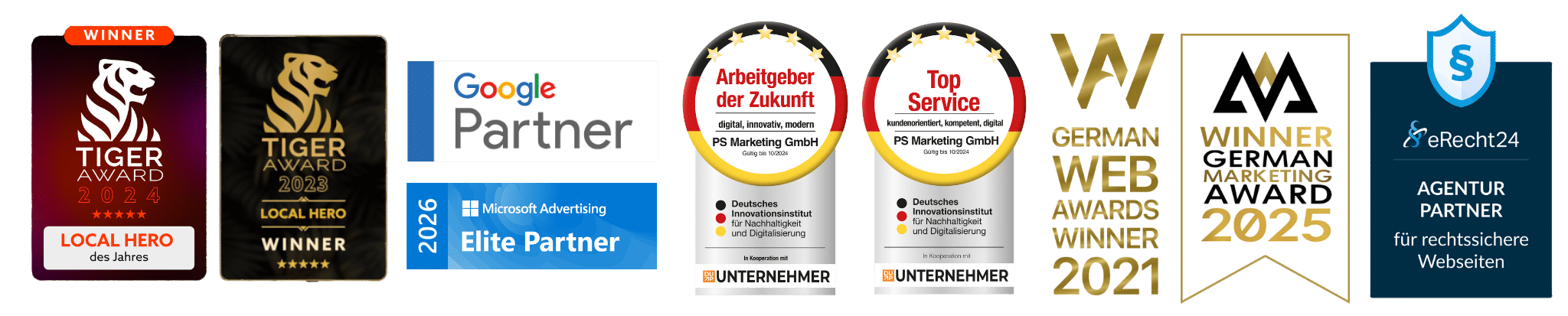 Übersicht der Klickrebellen Auszeichnungen und Partner-Siegel 2021–2026, darunter Tiger Award 2024 Local Hero, Google Partner, Microsoft Advertising Elite Partner 2026, Arbeitgeber der Zukunft, Top Service, German Web Awards Winner 2021, German Marketing Award 2025 Winner und eRecht24 Agentur Partner.